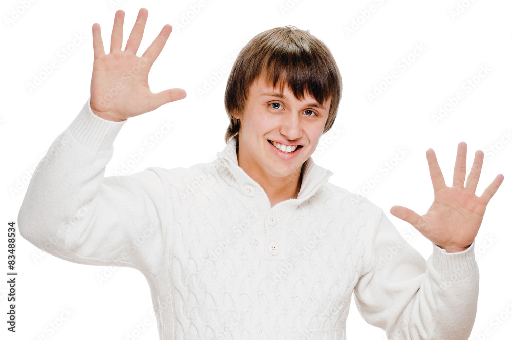 Portrait of happy smiling man showing ten fingers Portrait of happy smiling man showing ten fingers