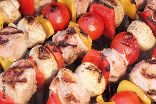 Assorted Meat And Vegetables Kebabs On The Hot BBQ Grill