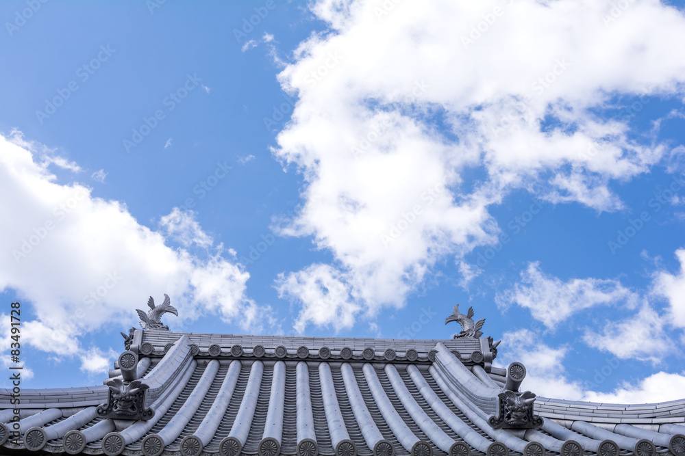 お寺の屋根と青空
