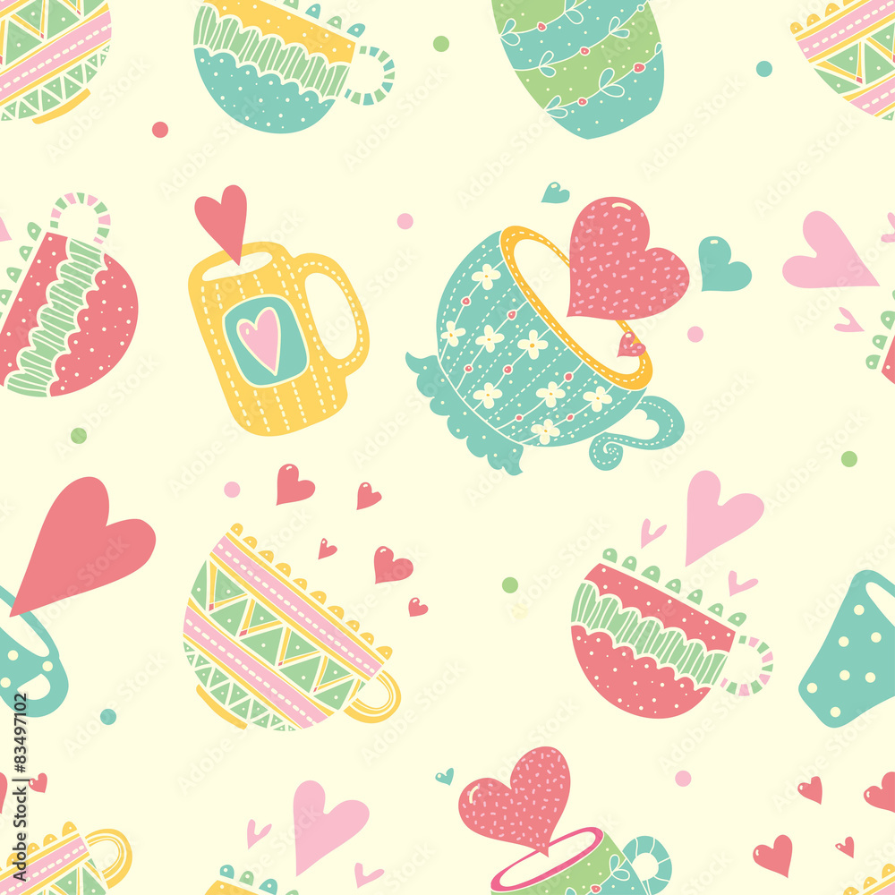 Cute cups. Vector seamless pattern.