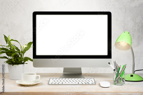 Workspace background with desktop pc and office accessories photo