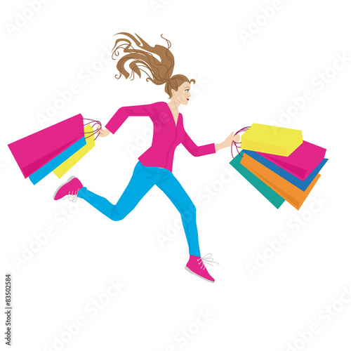 young woman running with shopping bags
