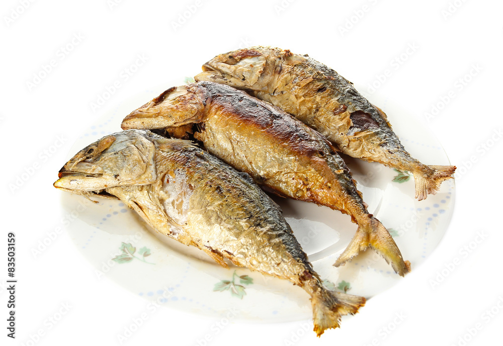 Fried mackerel on white background.