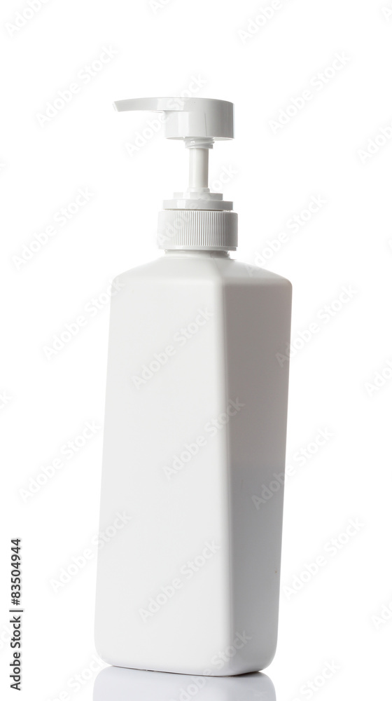  plastic bottles of body care and beauty products on white