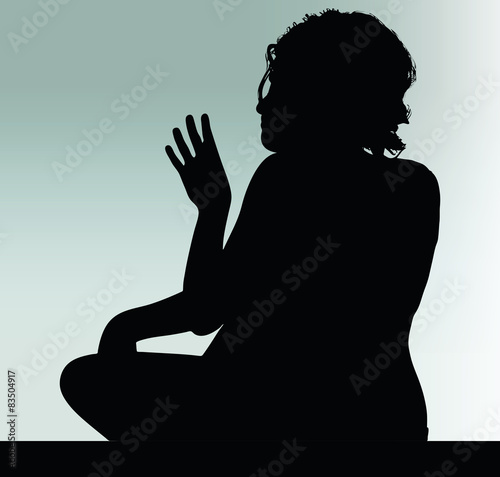 woman silhouette with hand gesture hey