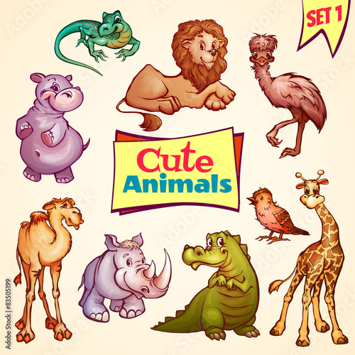 Vector set of cute animals. Lion, rhino, giraffe and etc.