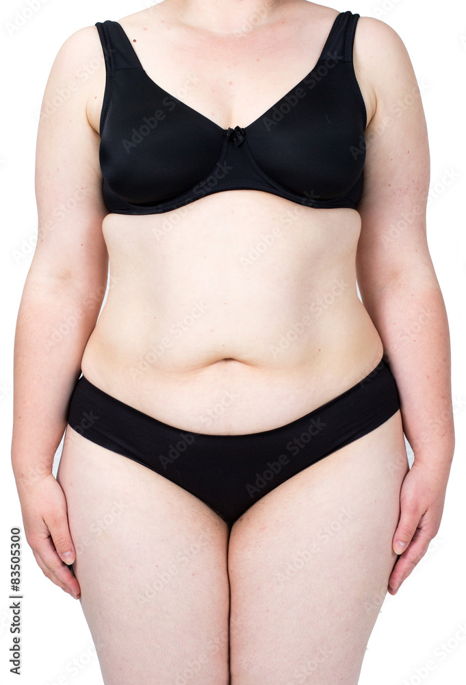 Obese neglected body isolated over white background.
Woman showing her fat body. Healthy lifestyles concept.
