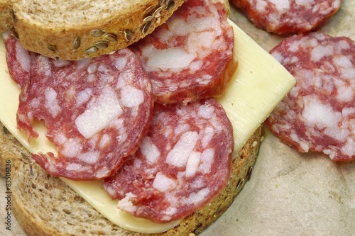 Simply Sandwich With Dried Smoked Sausages Slices And Cheese