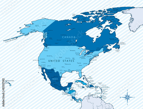 North America map blue with countries and cities