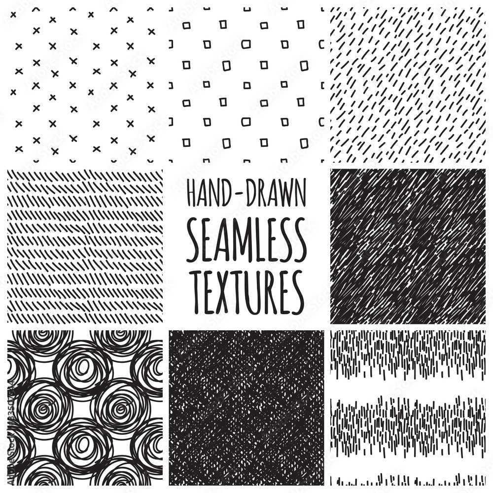 Set of eight black and white seamless hand drawn textures Stock Vector ...