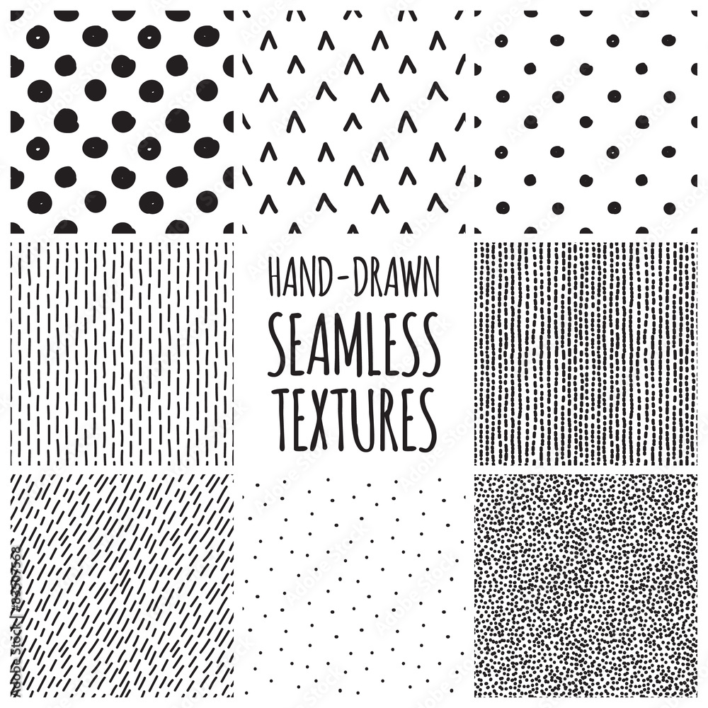 Set of eight black and white seamless hand drawn textures Stock Vector