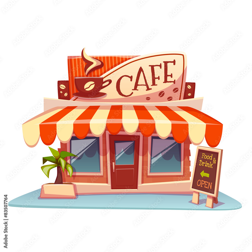 Vector illustration of cafe building with bright banner