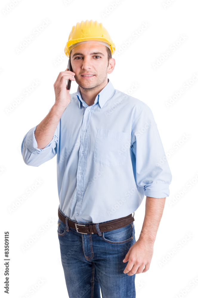 Portrait of a modern engineer talking on smartphone