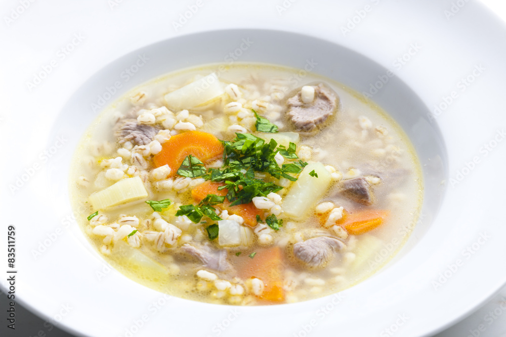 Scottish soup of mutton meat with kohlrabi and barley Scottish soup of mutton meat with kohlrabi and barley