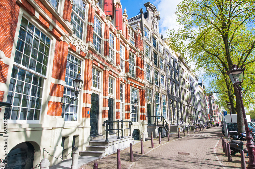 Amsterdam street with 17th century residence buildings.