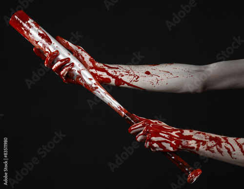 bloody hand holding a baseball bat, a bloody baseball bat