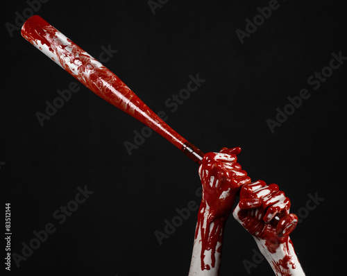 bloody hand holding a baseball bat, a bloody baseball bat