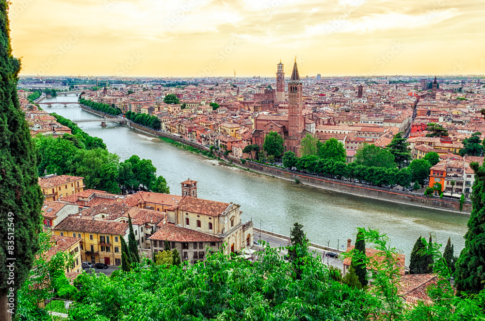 Verona Italy panorama with river Adige at sunset
