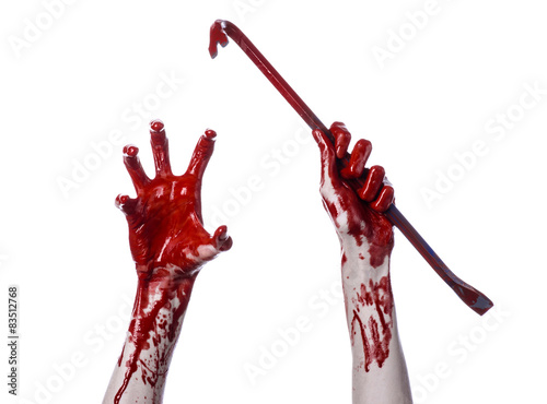 Bloody hands with a crowbar, hand hook, white background