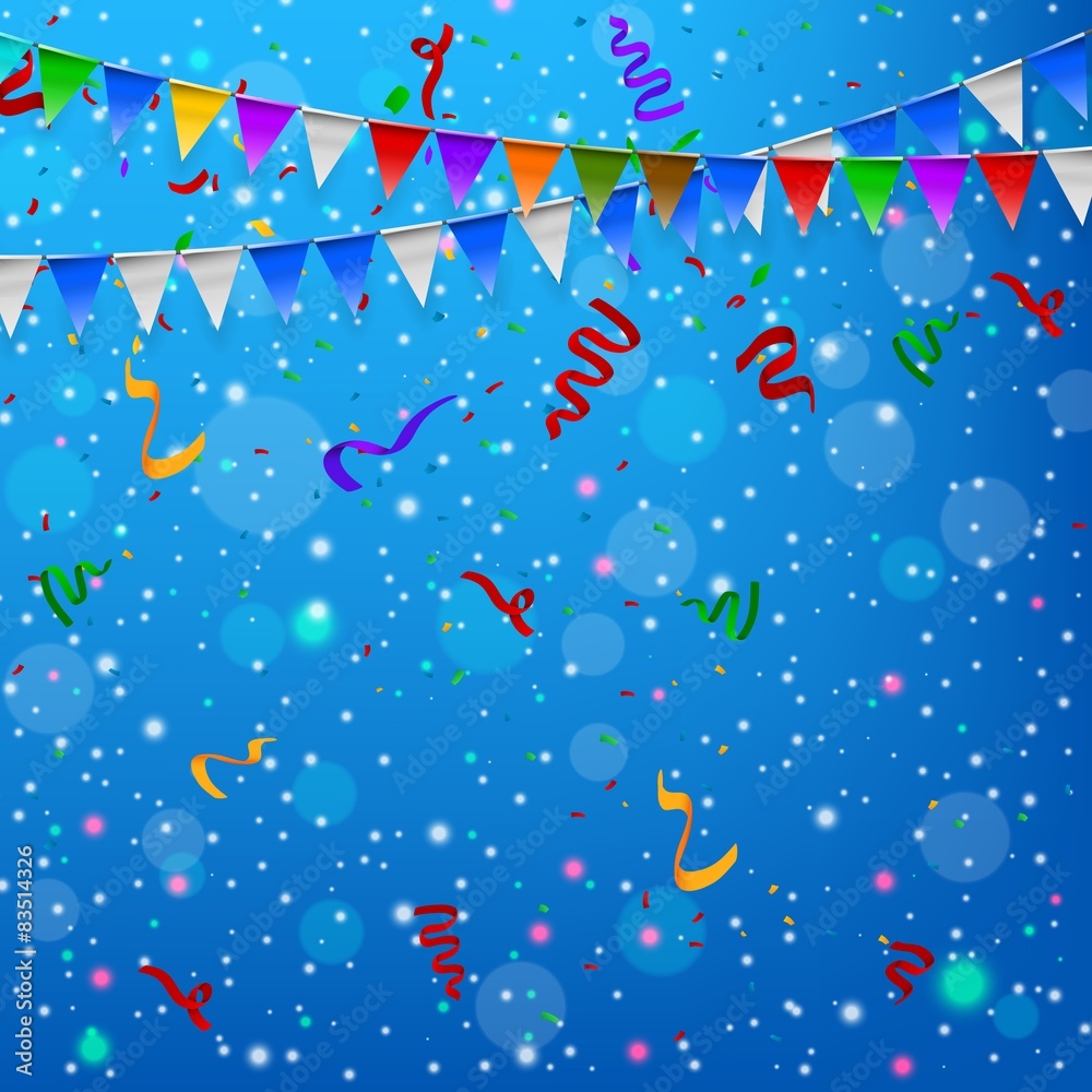 Happy Birthday party with triangle flags and confetti background