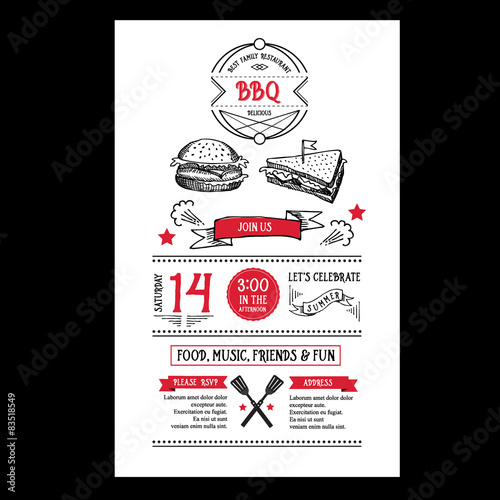 Barbecue party invitation. BBQ template menu design. Food flyer.