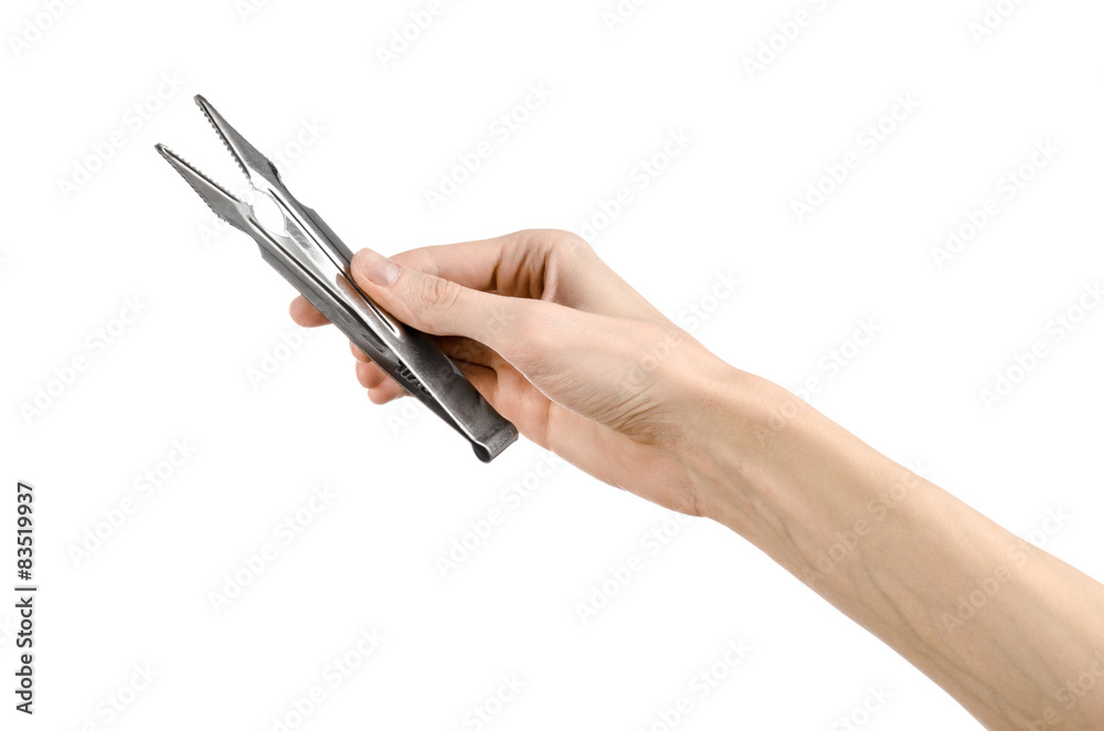 Bartender holding a hookah coal tongs on a white background Bartender holding a hookah coal tongs on a white background