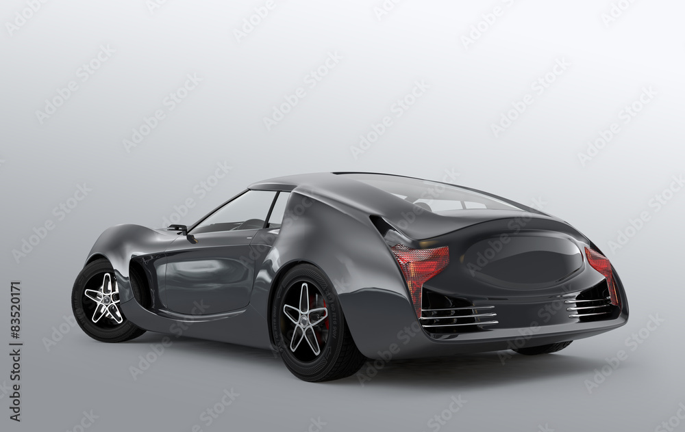 Rear view of gray sports car on gray background.