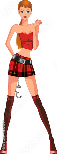 Cute red-haired girl with a hided handcuffs behind his back.