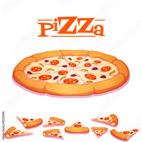 Vector illustration of hot pizza on white background