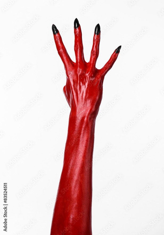 Red Devil's hands, red hands of Satan, white background isolated Red Devil's hands, red hands of Satan, white background isolated