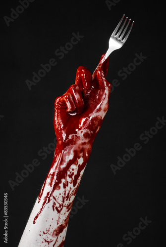 bloody hand holding a spoon, fork, bloody spoon, fork, isolated