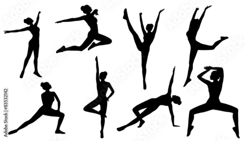 Silhouette Poses, Woman Aerobics Fitness on White Background, Se