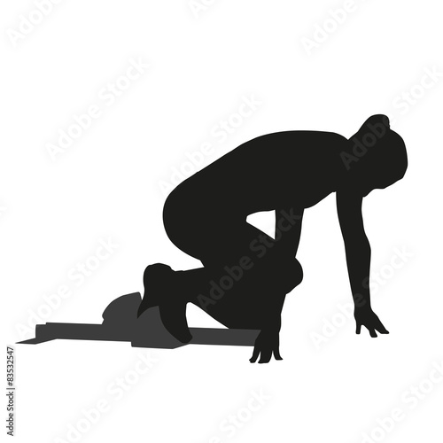 Woman sprinter leaps from starting block. Vector silhouette