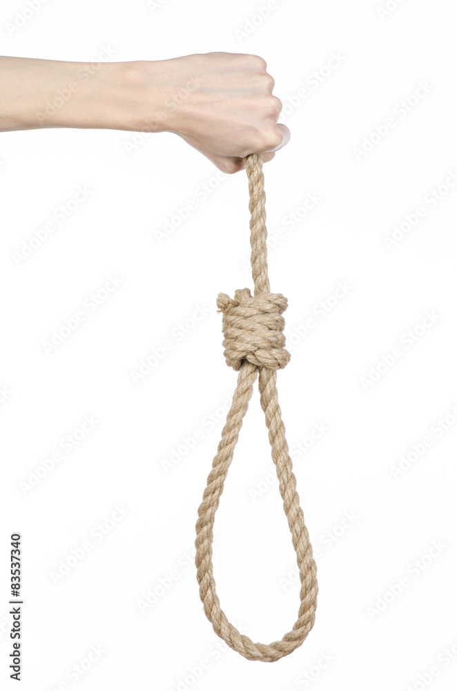 man's hand holding a loop of rope for hanging on isolated