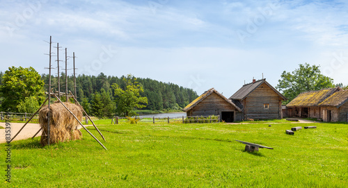 Russian rural landscape with old wooden houses