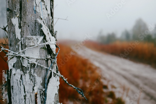 Wooden post with razor wire