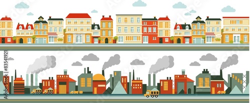 Industrial and city panorama background in flat style