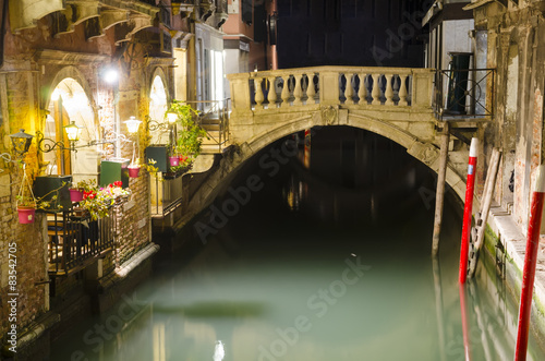 Venice cityscape  narrow water canal and bridge at night  Italy