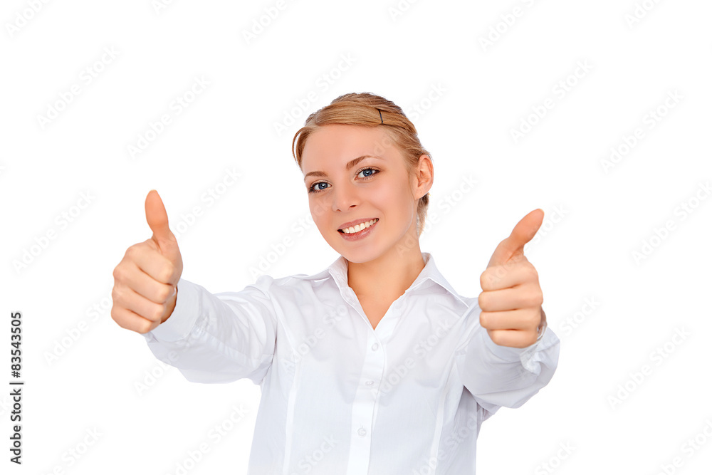 Business woman woman thumbs up, blonde girl Business woman woman thumbs up, blonde girl