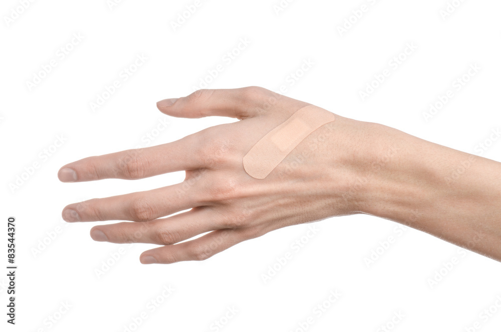 man's hand glued medical plaster first aid plaster advertising