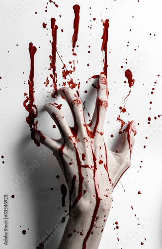 bloody hand print on a white leaves bloody wall studio isolated