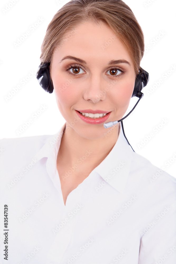 Support phone operator in headset, isolated Support phone operator in headset, isolated