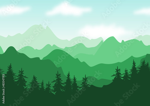Vector beautiful summer landscape  green mountains with trees si