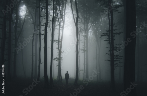 spooky halloween scene with man in dark forest © andreiuc88