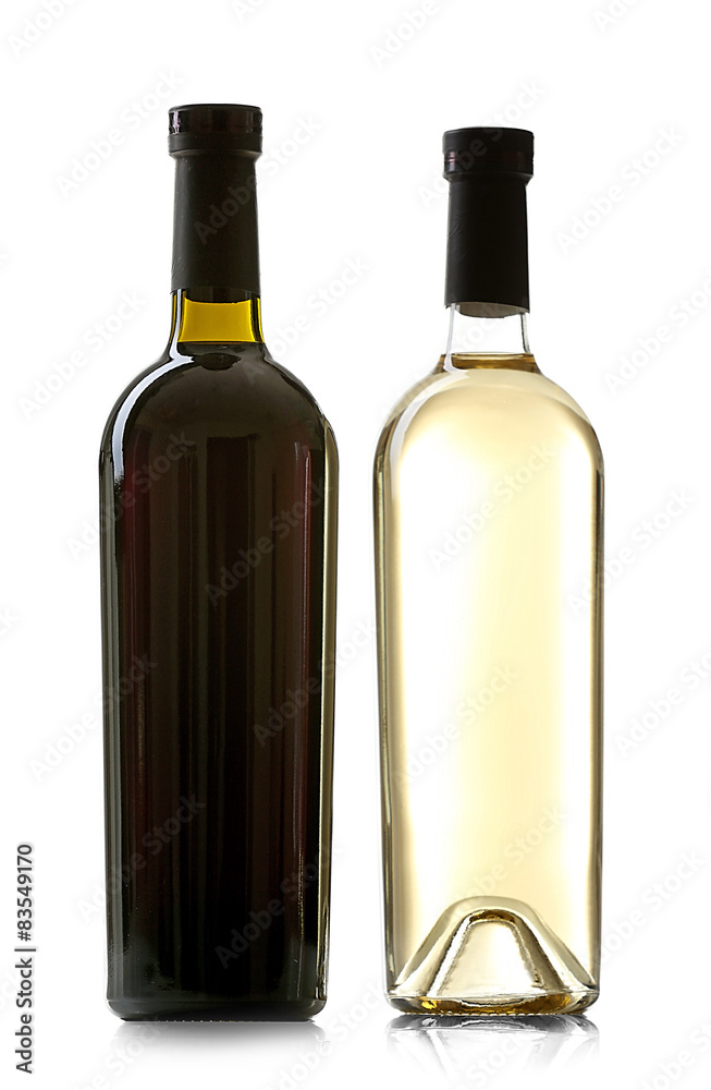 Red and white wine bottles isolated on white Red and white wine bottles isolated on white