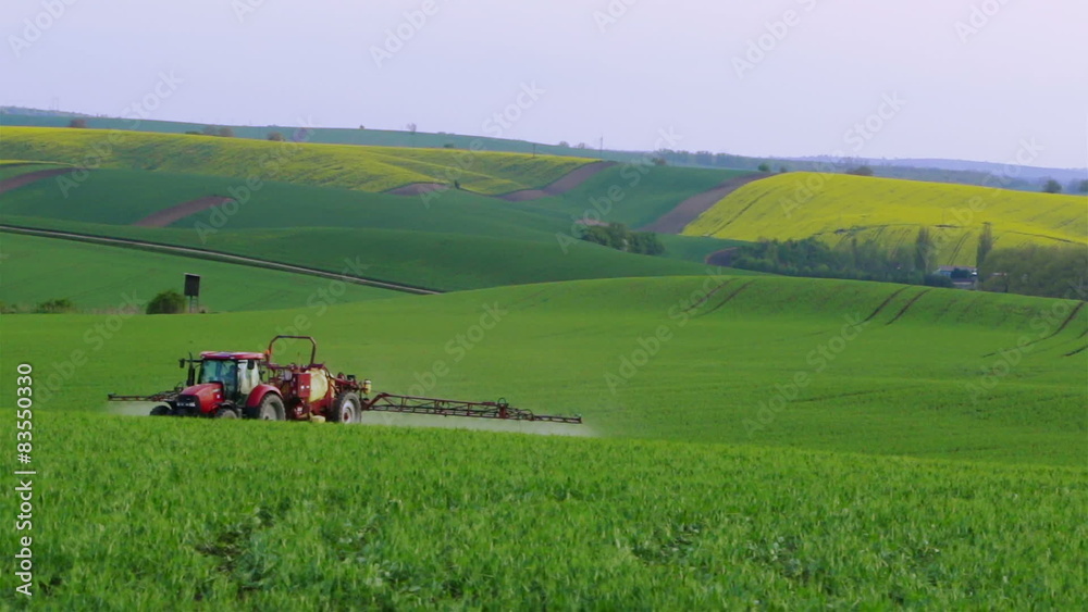 Evening hilly field. Tractor spray fertilizer Evening hilly field. Tractor spray fertilizer