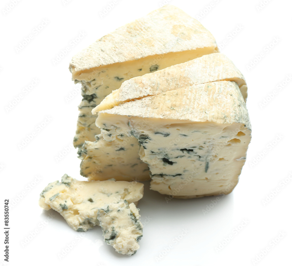 Pieces of tasty blue cheese isolated on white Pieces of tasty blue cheese isolated on white