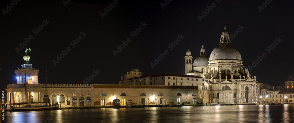 Panorama of Basilica Santa Maria della Salute at night in Venice
