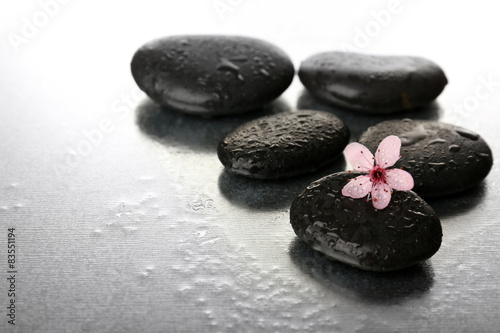 Spa stones and spring flower on table close up
