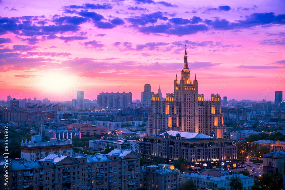 Stalin skyscraper building in Moscow center at sunset